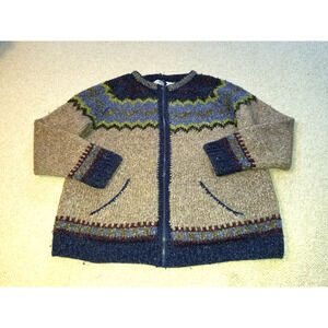 Womens Sweater/Jacket- SWEATER VENTURE-Hand knit-beige/blue wool Fair Isle zip-M